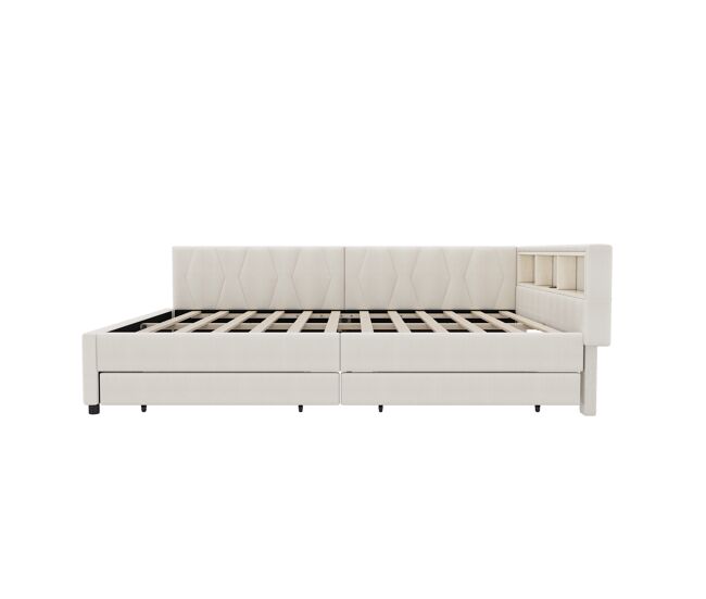 Día cama 140x200 cm - sofá cama, estante en la cama, usb + tipo c, control remoto para luz led ambiental, cama con dos cajones, cama con somier (sin