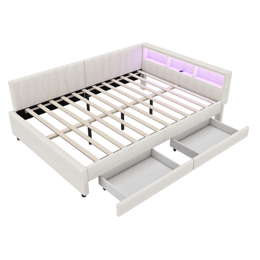 Cama de dia 140x200 cm - Sofá-cama, Prateleira na cama, USB + Tipo C, Controlo remoto para luz LED ambiente, Cama com duas gavetas, Cama com estrado (sem colchão) - Bege
