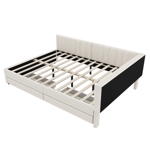 Cama de dia 140x200 cm - Sofá-cama, Prateleira na cama, USB + Tipo C, Controlo remoto para luz LED ambiente, Cama com duas gavetas, Cama com estrado (sem colchão) - Bege
