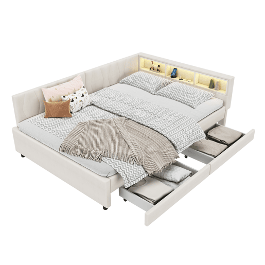 Cama de dia 140x200 cm - Sofá-cama, Prateleira na cama, USB + Tipo C, Controlo remoto para luz LED ambiente, Cama com duas gavetas, Cama com estrado (sem colchão) - Bege