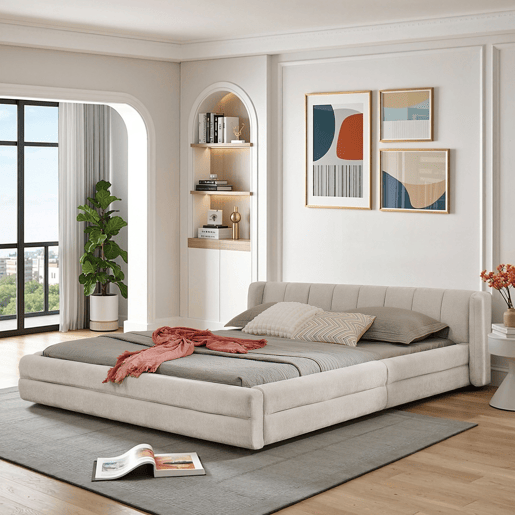 Cama de casal 140x200 cm - Chenille, encosto confortável, estrutura em eucalipto e ferro, fácil de montar - Bege
