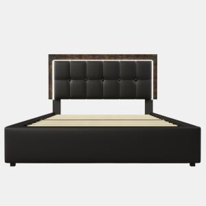 Cama estofada 140x200 - Cabeceira ajustável, 4 gavetas, iluminação LED - Preto
