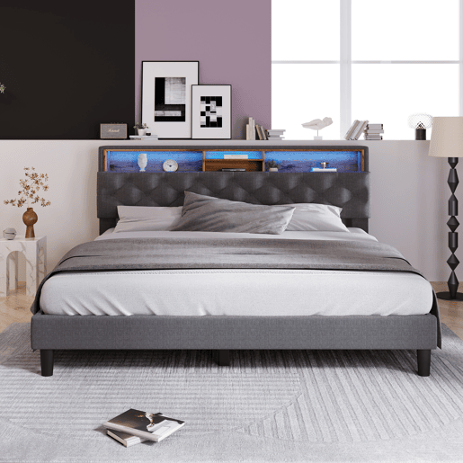 Cama de casal estofada 140x200 - com arrumação, cabeceira e luz LED, estrado de madeira - Cinza