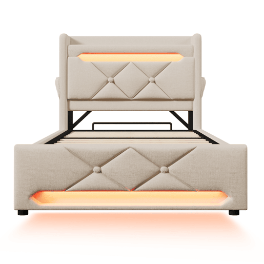 Cama individual 90x200 - Com arrumação e LED 360 - Bege