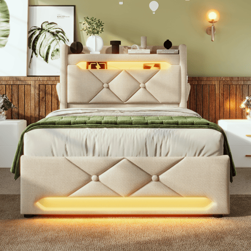 Cama individual 90x200 - Com arrumação e LED 360 - Bege