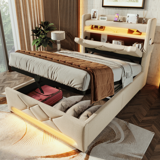 Cama individual 90x200 - Com arrumação e LED 360 - Bege