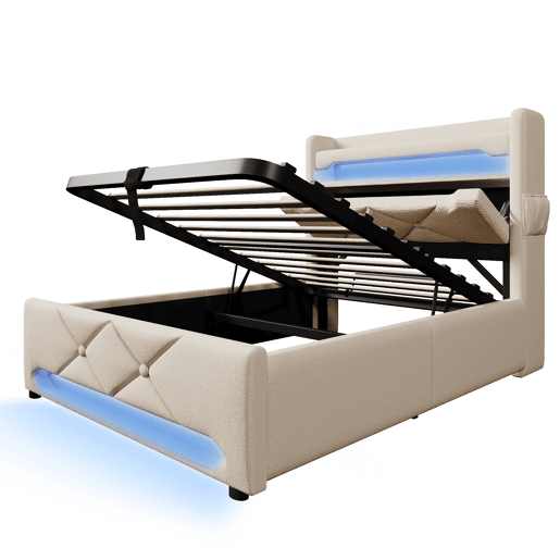 Cama individual 90x200 - Com arrumação e LED 360 - Bege