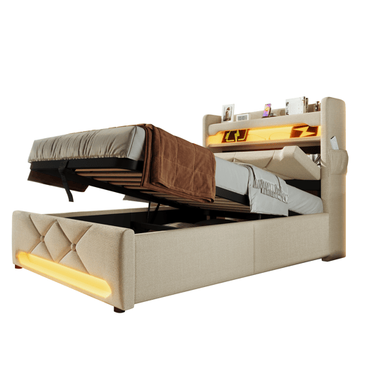 Cama individual 90x200 - Com arrumação e LED 360 - Bege