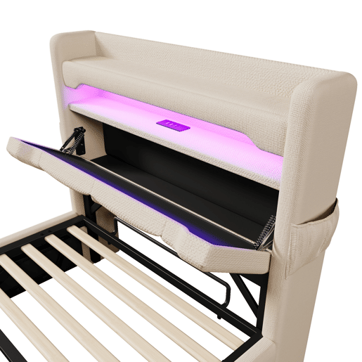 Cama individual 90x200 - Com arrumação e LED 360 - Bege