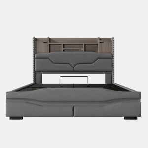 Cama com armazenamento hidráulico 140x200cm - Com USB, tomada, luz ambiente LED e cabeceira com armazenamento - Cinza
