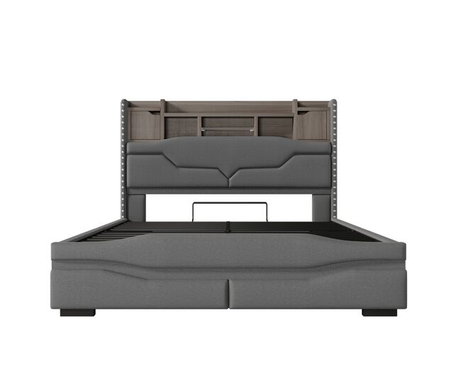 Cama con almacenamiento hidráulico 140x200cm - con usb, toma de corriente, luz ambiental led y cabecero con almacenamiento - gris
