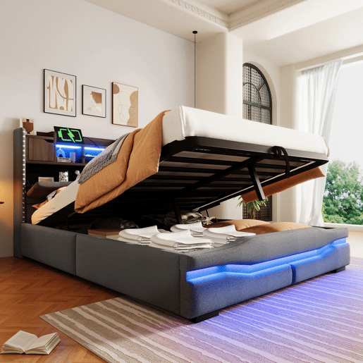 Cama com armazenamento hidráulico 140x200cm - Com USB, tomada, luz ambiente LED e cabeceira com armazenamento - Cinza