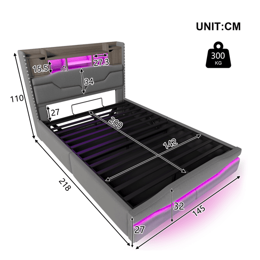 Cama com armazenamento hidráulico 140x200cm - Com USB, tomada, luz ambiente LED e cabeceira com armazenamento - Cinza