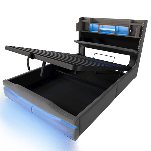 Cama com armazenamento hidráulico 140x200cm - Com USB, tomada, luz ambiente LED e cabeceira com armazenamento - Cinza