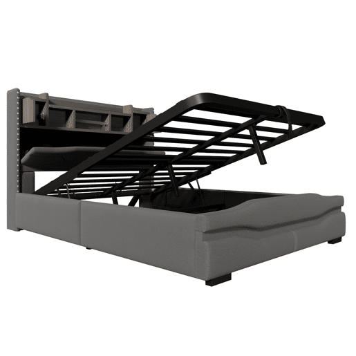 Cama com armazenamento hidráulico 140x200cm - Com USB, tomada, luz ambiente LED e cabeceira com armazenamento - Cinza
