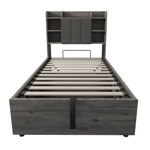 Cama individual 90x200 - Cama hidráulica com cabeceira com arrumação, portas USB e Type-C, cama juvenil - Cinza