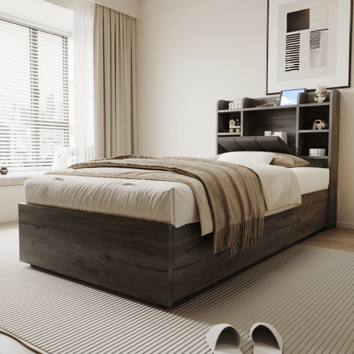 Cama individual 90x200 - Cama hidráulica com cabeceira com arrumação, portas USB e Type-C, cama juvenil - Cinza