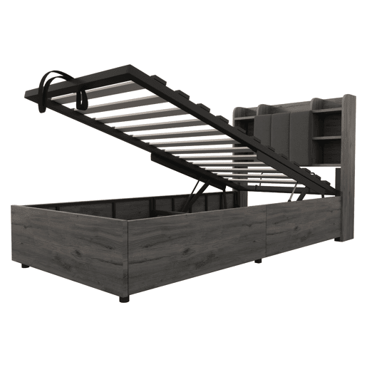 Cama individual 90x200 - Cama hidráulica com cabeceira com arrumação, portas USB e Type-C, cama juvenil - Cinza