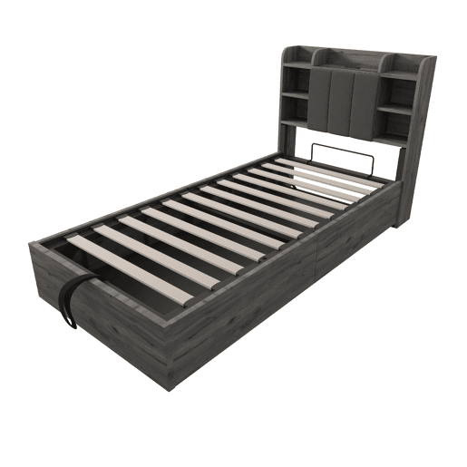 Cama individual 90x200 - Cama hidráulica com cabeceira com arrumação, portas USB e Type-C, cama juvenil - Cinza