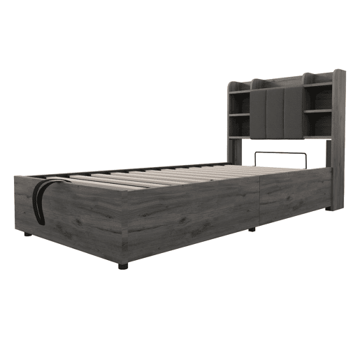 Cama individual 90x200 - Cama hidráulica com cabeceira com arrumação, portas USB e Type-C, cama juvenil - Cinza