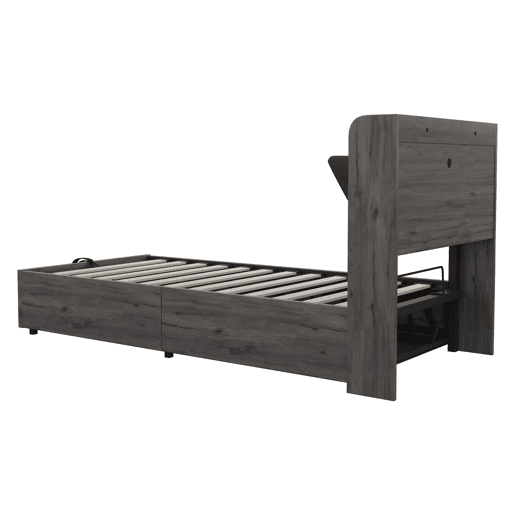 Cama individual 90x200 - Cama hidráulica com cabeceira com arrumação, portas USB e Type-C, cama juvenil - Cinza