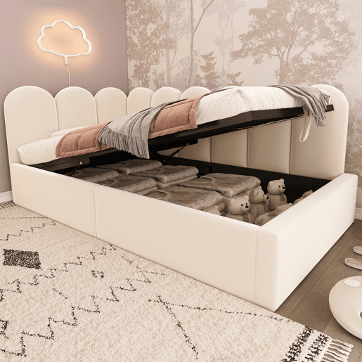 Cama divã 90x200 cm - Sofá-cama com arrumação hidráulica, cama infantil com estrado metálico, veludo - Bege
