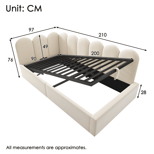 Cama divã 90x200 cm - Sofá-cama com arrumação hidráulica, cama infantil com estrado metálico, veludo - Bege