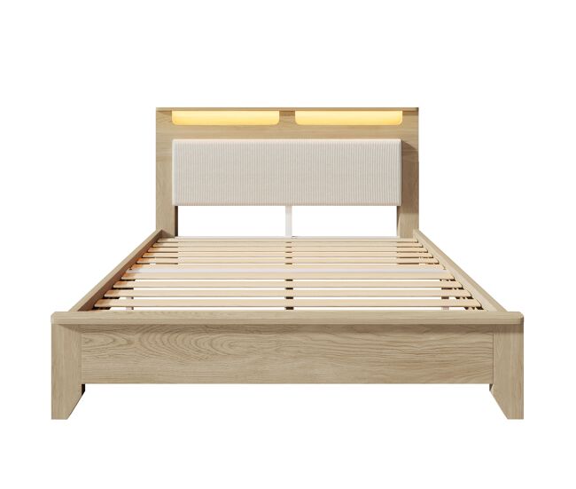 Cama doble 160x200 cm - cabezal con almacenamiento, iluminación led, respaldo de tela de pana beige - madera de roble claro
