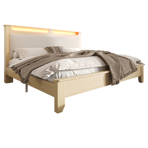 Cama de casal 160x200 cm - Cabeceira com arrumação, iluminação LED, encosto em tecido de veludo cotelê bege - Madeira de carvalho claro