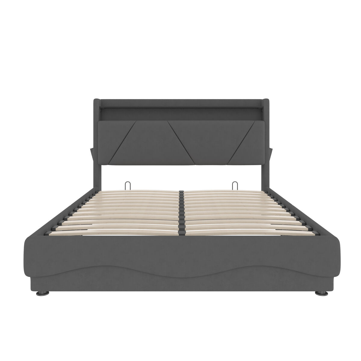 Cama tapizada 140x200 cm - cabezal con led y superficies de almacenamiento, sistema de somier a gas, puertos usb certificados, bolsillos laterales -