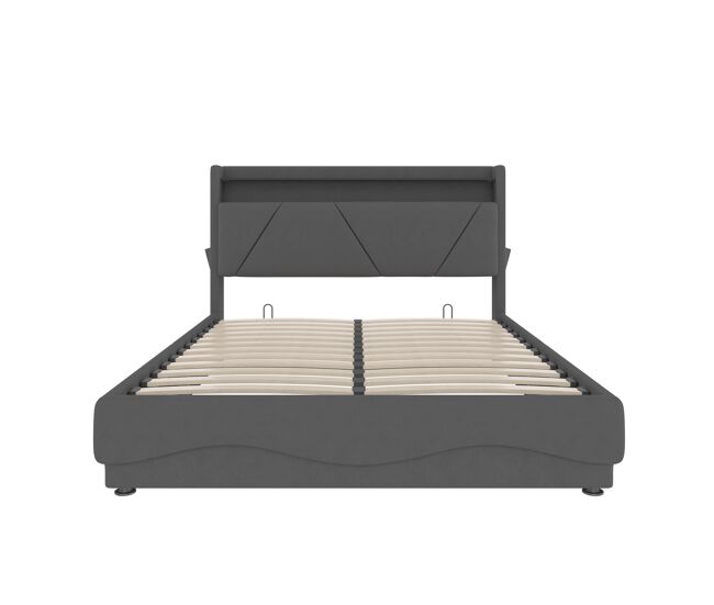 Cama tapizada 140x200 cm - cabezal con led y superficies de almacenamiento, sistema de somier a gas, puertos usb certificados, bolsillos laterales -