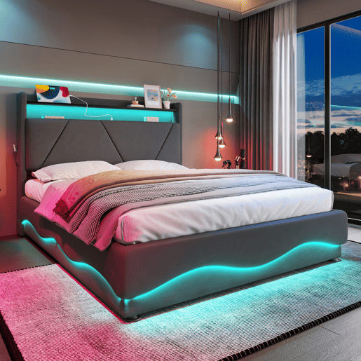 Cama estofada 140x200 cm - Cabeceira com LED e superfícies de arrumação, sistema de base de gás, portas USB certificadas, bolsos laterais - Cinza