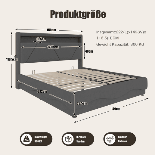 Cama estofada 140x200 cm - Cabeceira com LED e superfícies de arrumação, sistema de base de gás, portas USB certificadas, bolsos laterais - Cinza