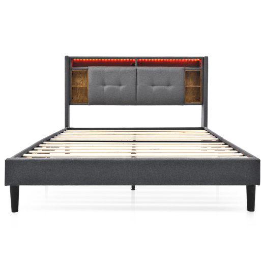 Cama de casal estofada 160x200 - cabeceira com arrumação, USB e luzes LED, estrutura em madeira - Cinza