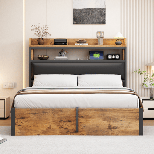 Cama 140x200 - com mecanismo hidráulico, USB, cabeceira acolchoada, design vintage em madeira e metal, arrumação oculta - Preto