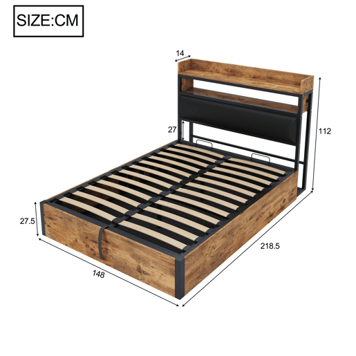 Cama 140x200 - com mecanismo hidráulico, USB, cabeceira acolchoada, design vintage em madeira e metal, arrumação oculta - Preto