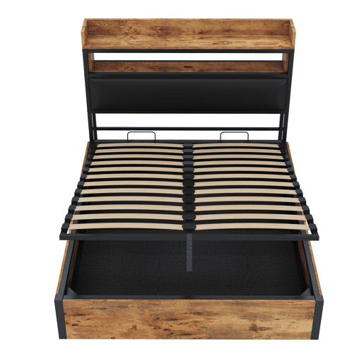 Cama 140x200 - com mecanismo hidráulico, USB, cabeceira acolchoada, design vintage em madeira e metal, arrumação oculta - Preto