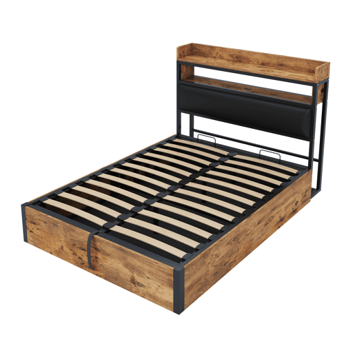 Cama 140x200 - com mecanismo hidráulico, USB, cabeceira acolchoada, design vintage em madeira e metal, arrumação oculta - Preto