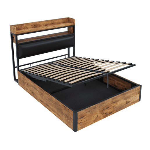 Cama 140x200 - com mecanismo hidráulico, USB, cabeceira acolchoada, design vintage em madeira e metal, arrumação oculta - Preto