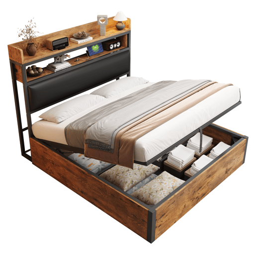 Cama 140x200 - com mecanismo hidráulico, USB, cabeceira acolchoada, design vintage em madeira e metal, arrumação oculta - Preto