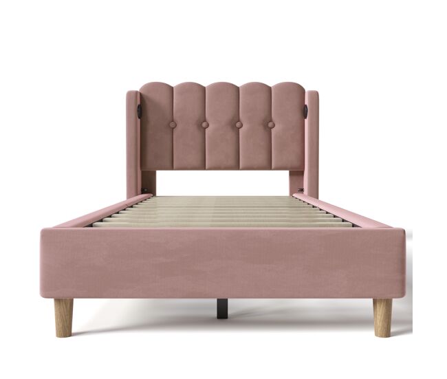 Cama individual 90x200 cm - con función de carga usb tipo c, cabecero acolchado, estructura de cama con somier - rosa