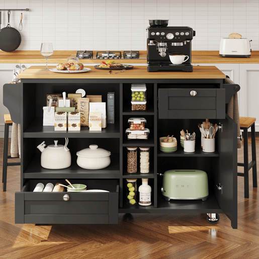Carrinho de cozinha 129x46x92 cm - moderno e simples, com gavetas e armários de arrumação, superfície de trabalho em madeira clara - preto