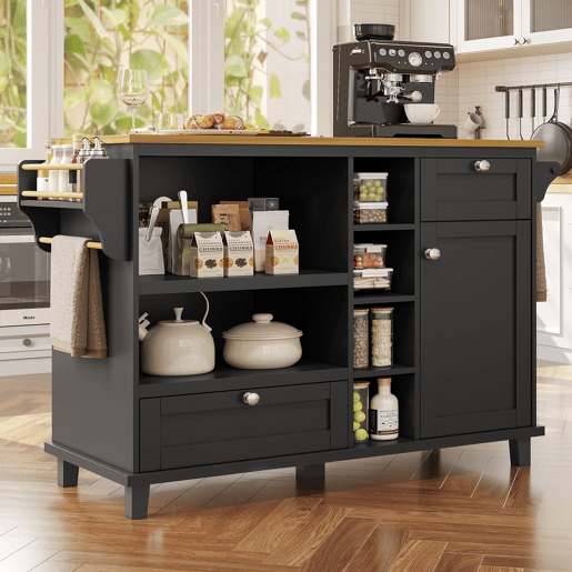 Carrinho de cozinha 129x46x92 cm - moderno e simples, com gavetas e armários de arrumação, superfície de trabalho em madeira clara - preto