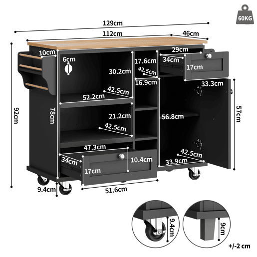 Carrinho de cozinha 129x46x92 cm - moderno e simples, com gavetas e armários de arrumação, superfície de trabalho em madeira clara - preto