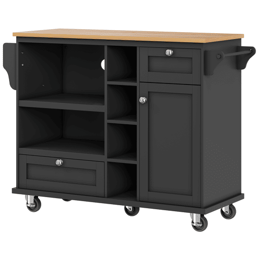 Carrinho de cozinha 129x46x92 cm - moderno e simples, com gavetas e armários de arrumação, superfície de trabalho em madeira clara - preto