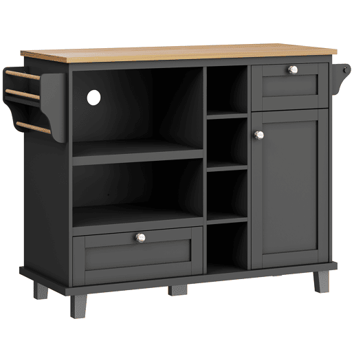 Carrinho de cozinha 129x46x92 cm - moderno e simples, com gavetas e armários de arrumação, superfície de trabalho em madeira clara - preto