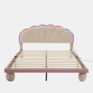 Cama estofada 140x200cm - Cama juvenil com luzes LED multicoloridas, cabeceira com design ondulado, pés redondos acolchoados - Bege+Rosa