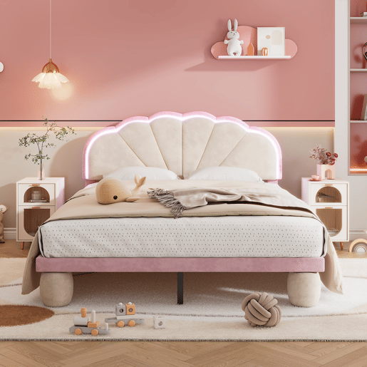 Cama estofada 140x200cm - Cama juvenil com luzes LED multicoloridas, cabeceira com design ondulado, pés redondos acolchoados - Bege+Rosa