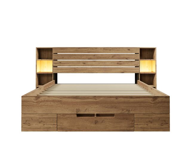 Cama doble 160x200 - cama de madera maciza con almacenamiento, cabecero con iluminación led y usb c, con somier de madera, roble (con colchón)