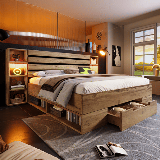 Cama de casal 160x200 - Cama de madeira maciça com arrumação, cabeceira com iluminação LED e USB C, com estrado de madeira, carvalho (com colchão)